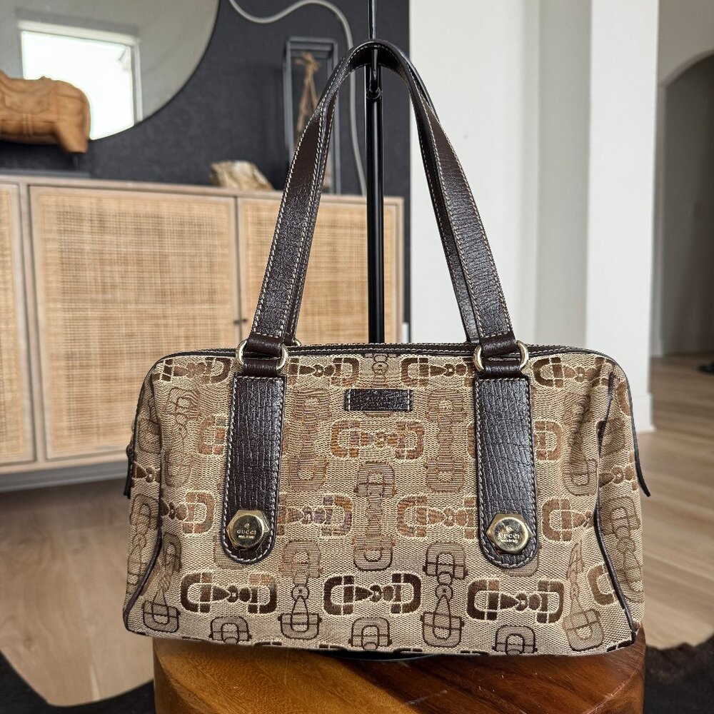 Gucci Beige/Brown Horsebit Canvas and Leather Boston Bag